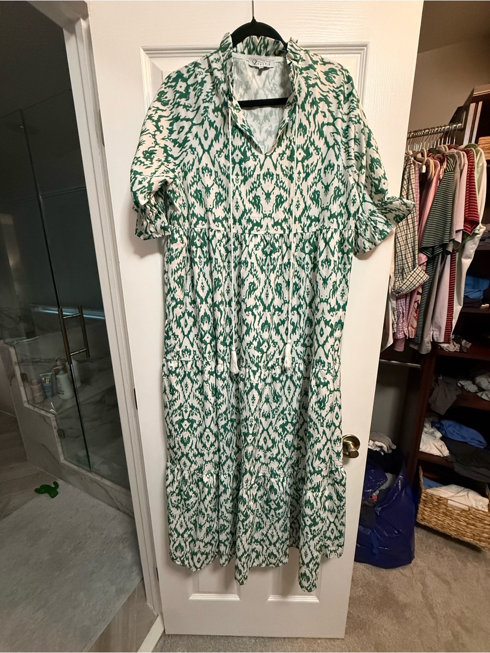 Green & White Ikat Tiered Maxi Dress with V-Neck and Tie